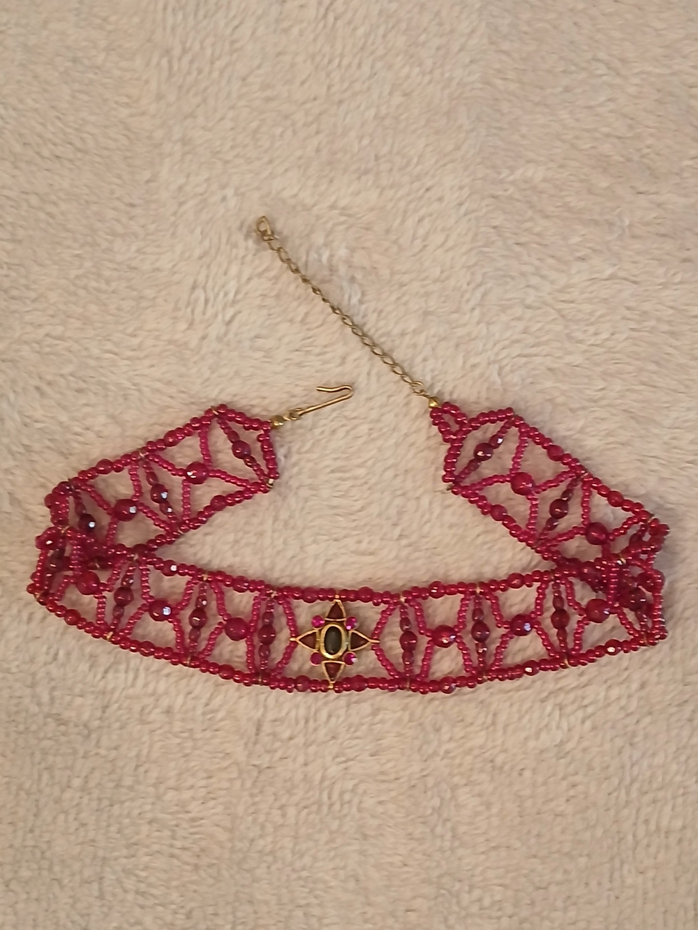 Vintage Whimsygoth Beaded Garnet Choker Necklace Gold Gothic Lattice 12"-14" - Picture 5 of 10